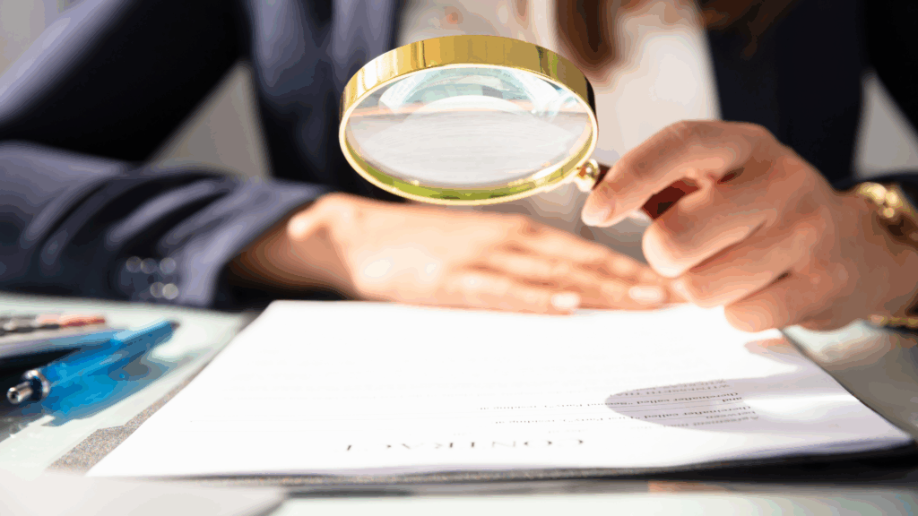Person examining document with magnifying glass