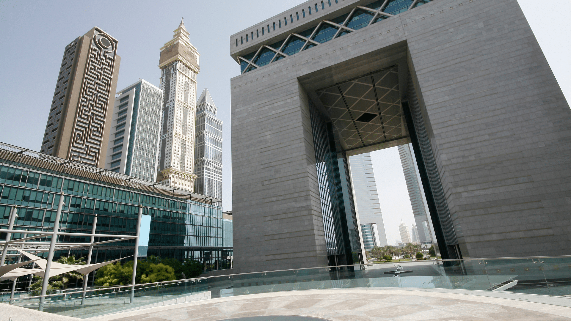 Dubai DIFC district wth DIFC gate and buildings