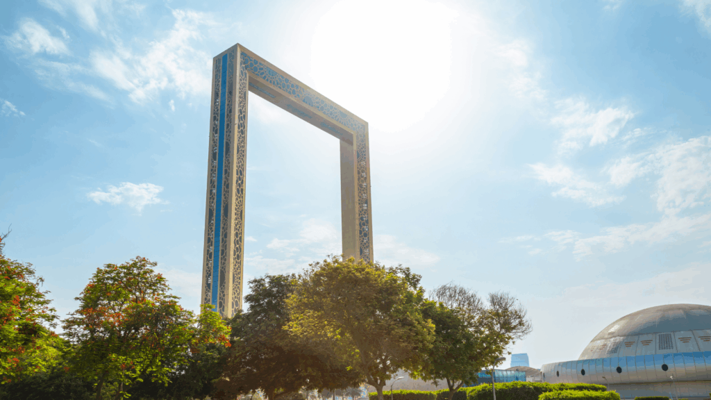 Dubai golden frame against blue sky