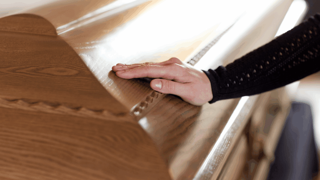 Hand resting on wooden coffin