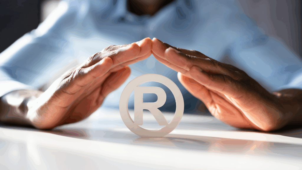 Hands protecting registered trademark symbol